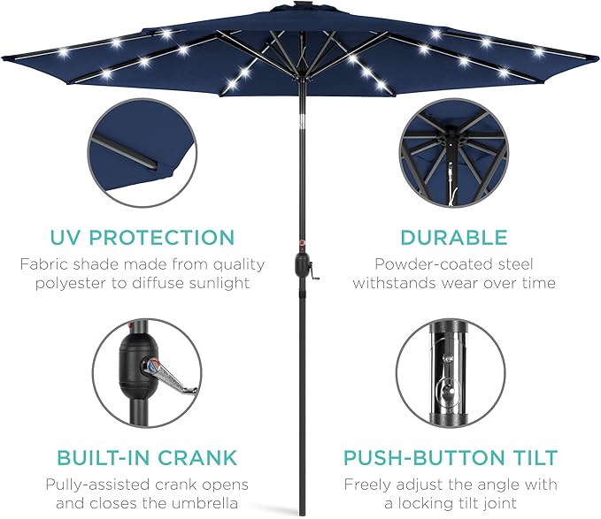 Best Choice Products 10ft Solar Polyester LED Lighted Patio Umbrella w/Tilt Adjustment and UV-Resistant Fabric