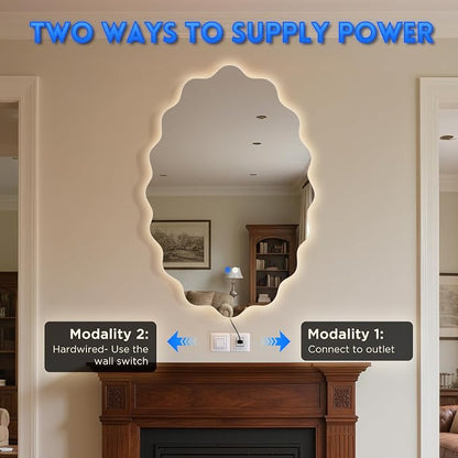 Oval Wavy Led Bathroom Mirror- Vanity Mirror with Lights IP54 Enhanced Anti-Fog,Single Piece 24"x36" 3 Colors Dimmable, Memory,Tempered Glass,UL Listed