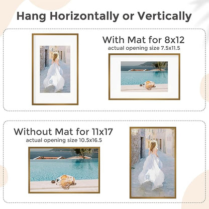 11x17 Metal Picture Frame for Wall With Mat for 8x12, 11''x17'' Aluminum Photo Frames With Tempered Glass for Home Decor, Minimalist Modern Poster Frame Horizontal And Vertical Formats, Bronze