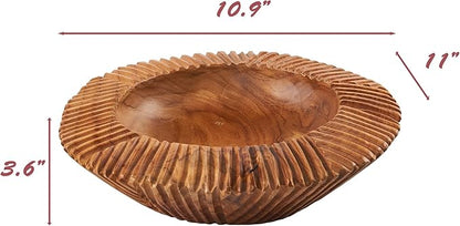 Teak Handcrafted Wooden Bowls Natural Wood Round Utility Bowl 10.9" W Handmade Rustic Serving Platter Fruit Snack Holder for Entry Table Vintage Artworks Dining Room Home Décor