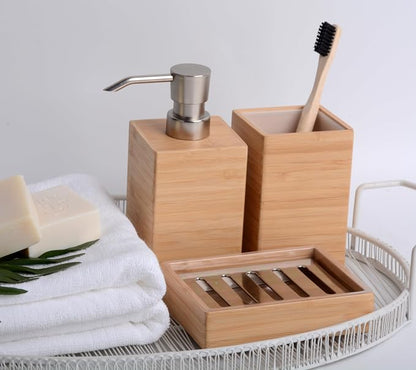 Clasin Home Bamboo Bathroom Accessories Set, 3 Pcs Wood Bathroom Accessories Soap Dispenser, Toothbrush Holder, Soap Dish, Kitchen Soap Dispenser Set for Home Decor, Housewarming Gift