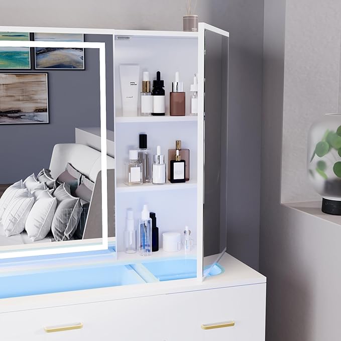 Glass Top Vanity Desk with Large Mirror and LED Lights,White Vanity with 2 Hidden Storage Mirror Cabinets,Dressing Table with Power Outlet&7 Drawers for Women/Girls,Makeup Organizer Countertop