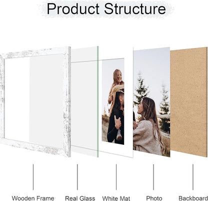 12x12 Picture Frame Set of 4, 12 x 12 Wood Photo Frames with Mat for 10x10 or 30x30cm Diamond Painting Art, Wooden Frame with Real Glass Cover for Wall and Tabletop Display,Distressed White