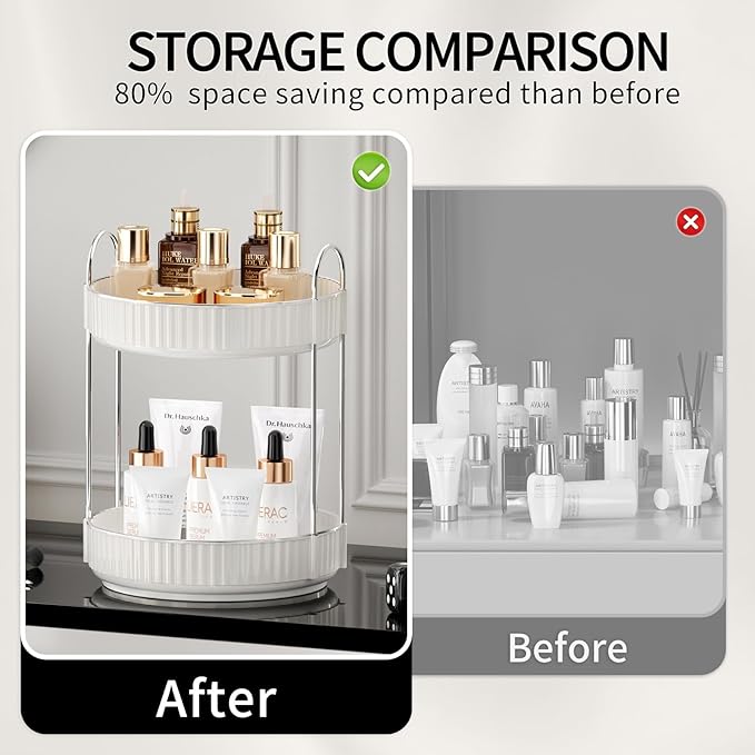 Rotating Makeup Organizer for Vanity, 2 Tier High-Capacity Skincare & Makeup Storage, Perfume Organizer, Cosmetic Dresser, Countertop 360 Spinning