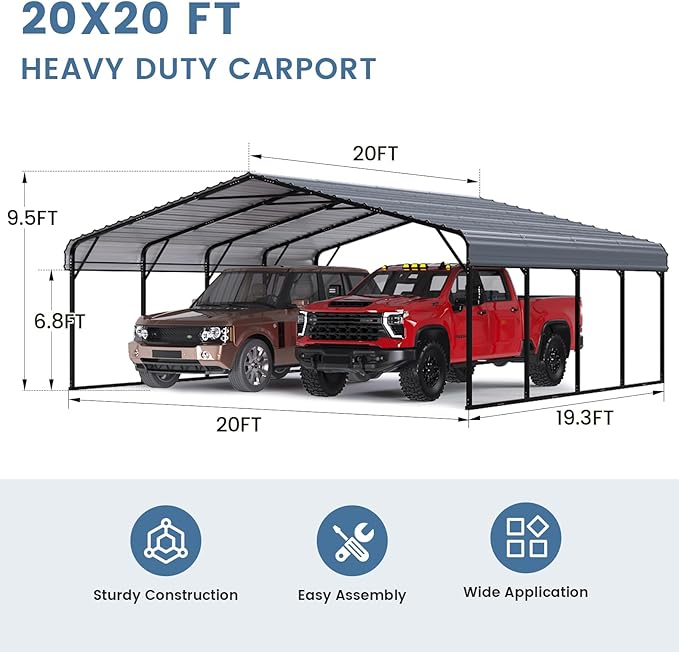 EROMMY 20x20FT Stable Metal Carport, All-Weather Heavy-Duty Carports with Strong Base, Sturdy Car Shed with Galvanized Steel Roof and Frame, Easy Assembly Car Port for 2 Cars, Tractors, Boat, Gray
