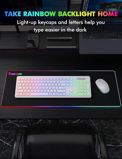 Wireless Keyboard and Mouse - RGB Backlit, Rechargeable & Light Up Letters, Full-Size, Ergonomic Tilt Angle, Sleep Mode, 2.4GHz Quiet Keyboard Mouse for Mac, Windows, Laptop, PC, Trueque(White)