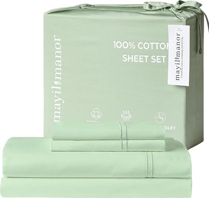 100% Natural Cotton Bed Sheets | 500 TC Single-Ply Sateen Weave Full Size Sheets | Soft, Breathable, Hypoallergenic Solid 4-Piece Bedding with Deep Pocket Fitted, Flat, Pillowcase | Sage