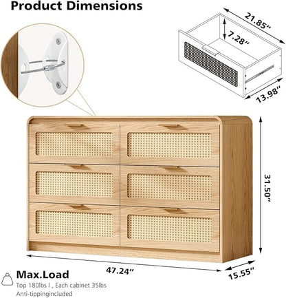 Mid Century Modern Dresser,Rattan 6 Drawers Dresser for Bedroom, 47" Wide Wood Dressers & Chests of Drawers/Curved Profile Design, Natural Texture for Bedroom, Living Room, Natural