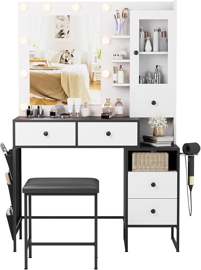 39" W Vanity Desk with Mirror, Makeup Vanity Set with Power Outlet and Comfortable Bench, Big Dressing Table with Lights Mirror and Drawers for Makeup, Modern Vanity for Bedroom Black
