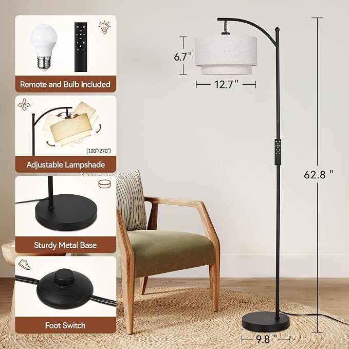 SUNMORY Floor Lamps for Living Room with 12W Remote and Dimmable Bulb, LED Arc Lamp, Modern Floor Lamps with Adjustable Double Fabric Shades, Tall Standing Lamp for Bedroom, Corner, Home Decor