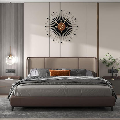 22 Inch Modern Sunburst Wall Clock Battery Operated, Black Metal Radiating Design with Walnut Wood Center, Silent Quartz Movement, Gold Hands – Decorative Clocks for Living Room, Office, Bedroom
