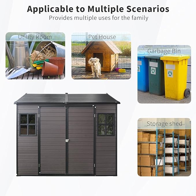 8x6 FT Outdoor Storage Shed, Resin Garden Shed with Thick Floor, Plastic Storage Shed with 2 Windows, Waterproof Outside Tool Shed with Lockable Hinged Doors for Backyard, Patio, Lawn, Brown