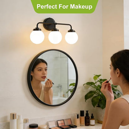 Bathroom Light Fixtures, 18.26'' Black Vanity Light, Modern 3 Lights Wall Sconce with Milky Glass Globe Shade, Mid-Century Bathroom Lighting Fixtures Over Mirror for Bathroom, Living Room