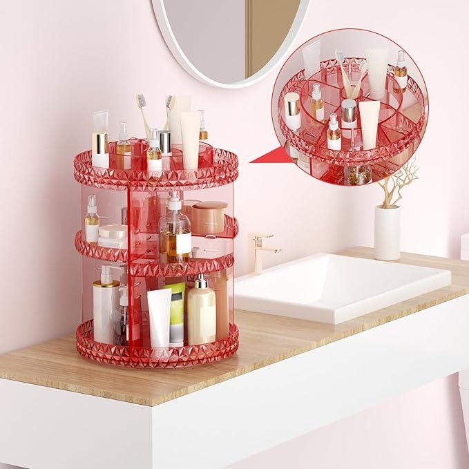360 Rotating Makeup Organizer, DIY Adjustable Cosmetics Organizer[Patented Product], Professional Acrylic Make Up Caddy Shelf Storage Perfume, Lipsticks, Makeup Brushes or Accessories (Pink)