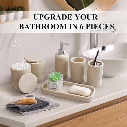 LIN CHUAN 6-Piece Bathroom Accessories Set, Bathroom Accessory Set with Soap Dispenser, Toothbrush Holder Set, Vanity Tray, Tumbler & 2 Cotton Swab Jars, Modern Stylish Bathroom Organizer(Beige)