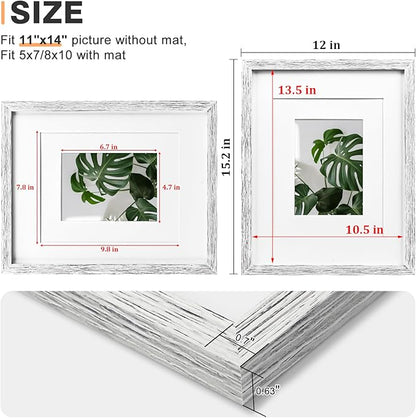 Egofine 11x14 Picture Frames Made of Solid Wood with Plexiglass, Display Pictures 5x7/8x10 with Mat or 11x14 Without Mat for Tabletop and Wall Mounting, Driftwood White