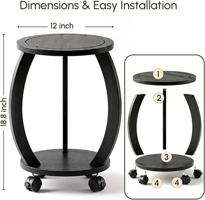 2 Tier Wooden Plant Stand Indoor with Wheels – Tall Plant Stand for 6-12 Inch Pots, Mid-Century Modern Rustic Plant Table Indoor, Pedestal Stand for Corner, Living Room, Balcony, Black