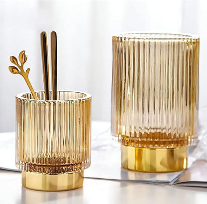 DASITON Makeup Brush holder Organizer,Crystal Cosmetic Makeup Brush Glass Brushes Storage Holder, Vintage Make Up Brush Cup Pen Pencil Holder striped vase(Coffee S)