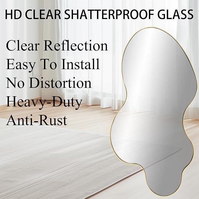 Irregular Wall Mirror, 30"x18" Asymmetrical Decorative Accent Mirror with Gold Metal Frame, Organic Shape Mirrors for Entryway Bedroom Living Room, Horizontal or Vertical Hanging ﻿