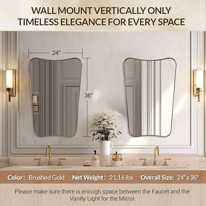MIRRORART 24x36 Brushed Gold Mirror, Irregular Brass Mirror Asymmetrical Butterfly-Shaped in 1’’ Anti-Rust Seamless SUS304 Metal Frame for Bathroom, Entryway, Home Decor Wall Mount Vertical