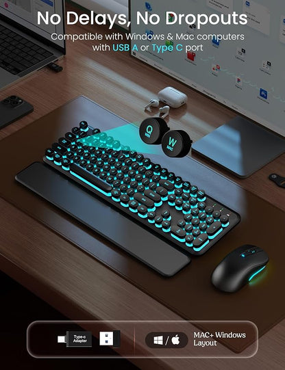 Wireless Keyboard and Mouse Backlit - Typewriter Keyboard with Magnetic Wrist Rest, Retro Round Keycaps, Light Up Letters, 2.4GHz Cordless Combo for Mac, Windows, PC, Laptop, Trueque [Upgraded]