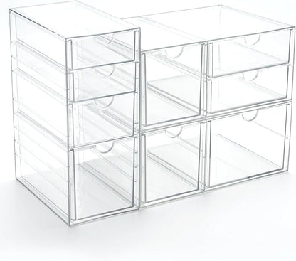 Prsildan Acrylic Drawer Makeup Organizer with 9 Drawers, Set of 3 Office Desk Organizers Accessories, Clear Stackable Storage Drawers for Vanity, Countertop, Craft, Jewelry, Art Supply Organization