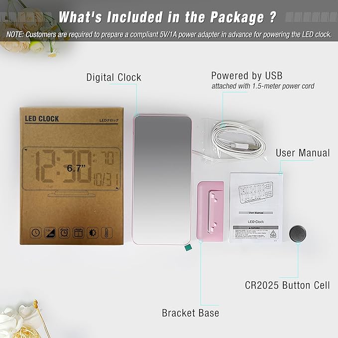 Pink Digital Clock for Bedroom 6.7in Dual Alarm Clock