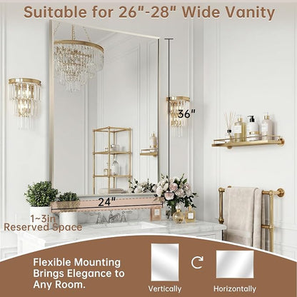 Brushed Nickel Bathroom Mirror, 24"x36" Rectangle Mirror, Brushed Mirror, Metal Frame Square Corner Vanity Mirror, Wall Mounted Mirror for Modern, Living Room, Bedroom, Horizontal Or Vertical