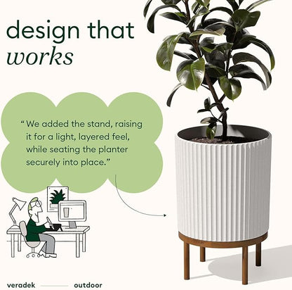 Veradek Demi Series Round Planter w/ Stand for Porch/Patio | Durable Plastic-Concrete & Wooden Stand | Modern Décor for Tall Plants, Flowers