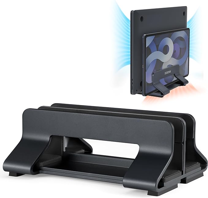 Aluminum Dual Vertical Laptop Stand Dock Holder, Supports 2 Devices, Adjustable