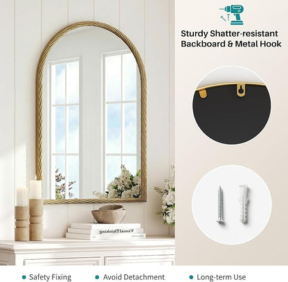 Large Vintage Arched Wall Mirror - 24"X36" Retro Gold Rope-Like Metal Framed Mounted Mirror for Wall Decor, Vanity Mirrors for Bathroom, Living Room, Bedroom, Fireplace
