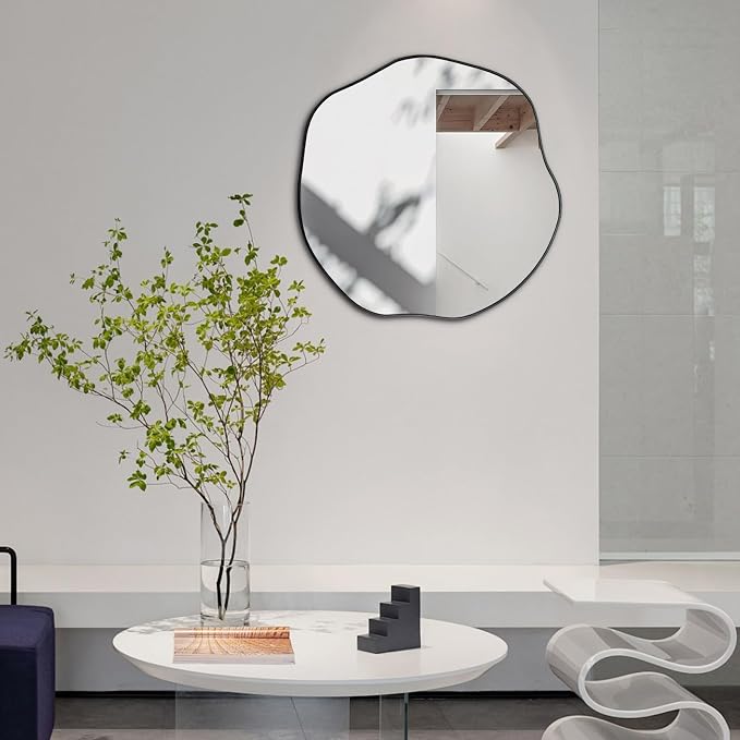 POZINO Scalloped Irregular Wall Mirror, 20" Asymmetrical Frameless Art Deco Mirror, Wavy Decorative Accent Mirrors for Entryway Fireplace Living Room Hallway, Horizontal or Vertical Hanging