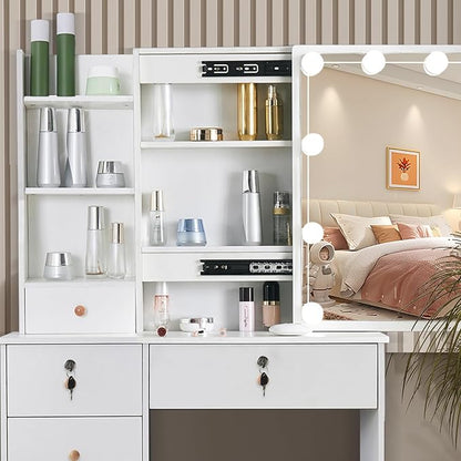 JBLCC Vanity Desk with Mirror and Lights, White Vanity with Lights, 3-Color Light Sliding Mirror, 6 Drawers & Open Shelves, Small Vanity Desk with Lighted Mirror for Bedroom