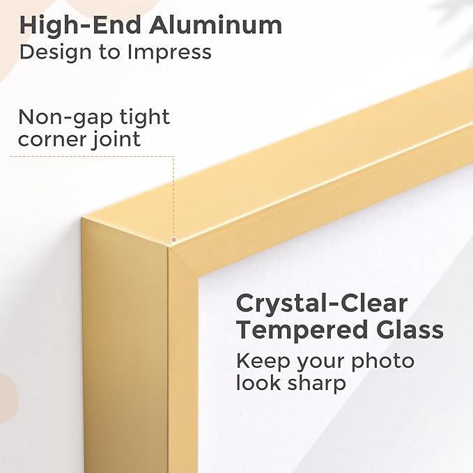 Metal Picture Frame - Gold Aluminum Picture Frames with Real Glass, Wall Mounting Horizontally or Vertically, Simple and Elegant Decor for Wall Gallery Poster Photo 11x6 Frames, Gold