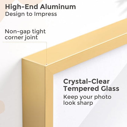 Metal Picture Frame - Gold Aluminum Picture Frames with Real Glass, Wall Mounting Horizontally or Vertically, Simple and Elegant Decor for Wall Gallery Poster Photo 11x6 Frames, Gold