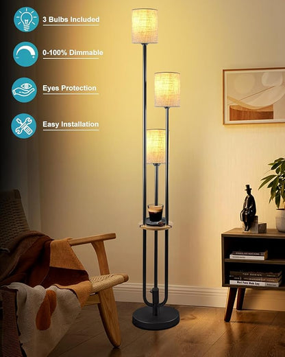 Lightdot 64Inch Floor Lamp with Table Dimmable Black Floor Lamp for Living Room 3 Lights Mid Century Modern Tall Standing Lamp with 5Lbs Heavy Base for Bedroom/Sofa Beside/Corner Decor(Bulbs Included
