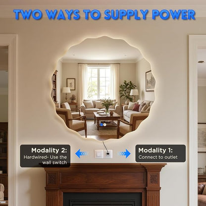 Round Led Bathroom Mirror- 24" Wavy Vanity Mirror with Lights IP54 Enhanced Anti-Fog,Single Piece 3 Colors Dimmable, Memory,Tempered Glass,UL Listed