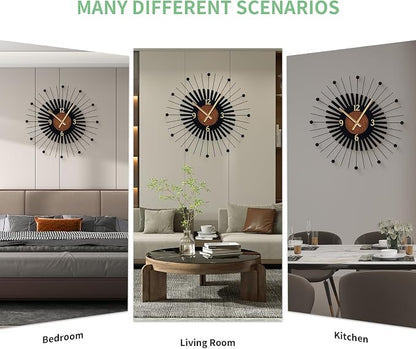 22 Inch Modern Sunburst Wall Clock Battery Operated, Black Metal Radiating Design with Walnut Wood Center, Silent Quartz Movement, Gold Hands – Decorative Clocks for Living Room, Office, Bedroom