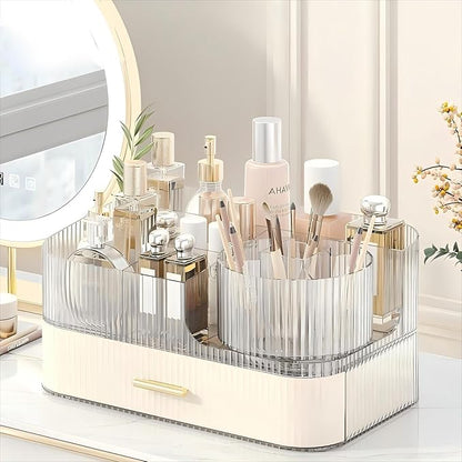 DASITON Makeup Organizer with Drawers and Rotating Makeup Brush Holder,Large Capacity Stackable Cosmetic Organizer Countertop,Bathroom Organizers and Storage,Make up Organizers for Vanity (Cream 02)