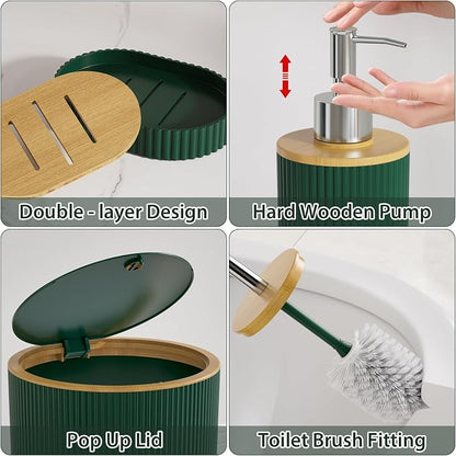 Dark Green Bathroom Accessory Set - Bathroom Sets, 25PC Bath Accessories Set, Bathroom Sets with Push Top Trash Can, Shower Curtain and Rugs, Toilet Brush, Trash Can & Soap Dispenser