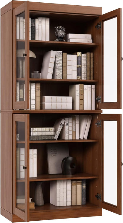 Palace Imports Solid Wood Bookcase - 6-Tier Tall Bookshelf, 71.5” H x 32” W - Mocha, Clear Glass Cabinet Doors & Adjustable Shelves for Living Room, 100% Renewable Eco-Friendly Wood, Made in Brazil