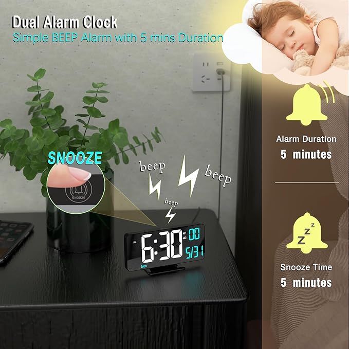 KOSUMOSU Digital Alarm Clock 6.7in Black Clock