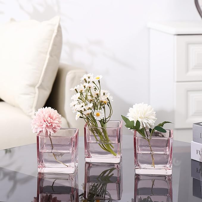 Square Vases Set of 6, 3"x 3"x 3" Glass Vases for Flowers, Square Flower Vase for Centerpieces, Small Pink Vase for Wedding, Party, Home Office Decoration