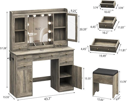 Vanity Desk with Mirror and Lights, Grey Vanity Mirror with Lights Desk and Chair & Charging Station, Farmhouse Makeup Vanity Desk with Lighted Mirror for Women Bedroom 3 Color Modes Adjustable