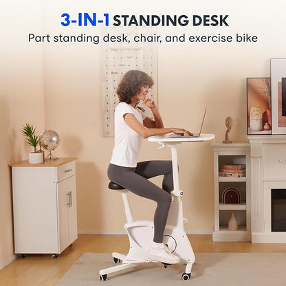 FLEXISPOT 3-in-1 Small Standing Desk with Wheels Exercise Bike Small Computer Desk for Laptop, Adjustable Height,2D Desktop,8-Level Resistance, Home Office Desks Workstation for Corner, White