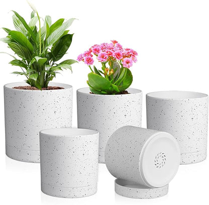 Meowell 7/6.5/6/5/4 inch Plant Pots, 5 Pack Cylinder Flower Pots for Small Indoor Outdoor Plants, Plastic Planters with Drainage Holes and Saucers for Garden Succulent House Plants, Speckled White