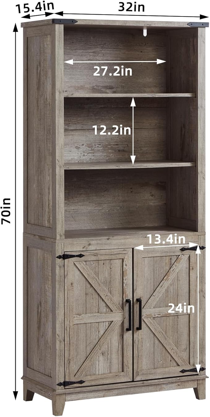 70in Tall Bookshelf 5 Tier Bookcase with Barn Doors and Adjustable Shelves, Grey Farmhouse Book Shelf with Storage Cabinet, Wood Freestanding Display Bookshelves for Bedroom, Living Room