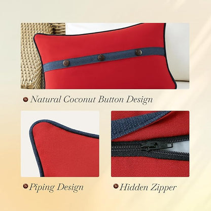 Outdoor Sunbrella Decorative Pillows with Triple Coconut Buttons Pack of 4, 20" x 12" Outdoor Pillow Set for Couch Bed Throw Patio Sofa, Canvas Logo Red/Specrtum Indigo