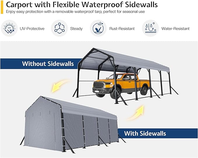 Jocisland 12x20x10.5 FT Metal Carport - Removable Waterproof Sidewalls, Heavy Duty Outdoor Carport with Upgraded Steel Reinforcements for All-Weather, Car Canopy for Car, Boat, Equipment Storage