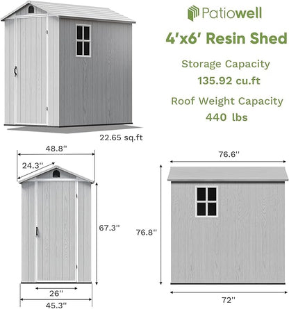 Patiowell 4' x 6' Outdoor Storage Shed with Floor, Plastic Shed Outside Resin Tool Shed with Window and Lockable Door for Backyard Garden Patio Lawn, White (Fit-it Shed)